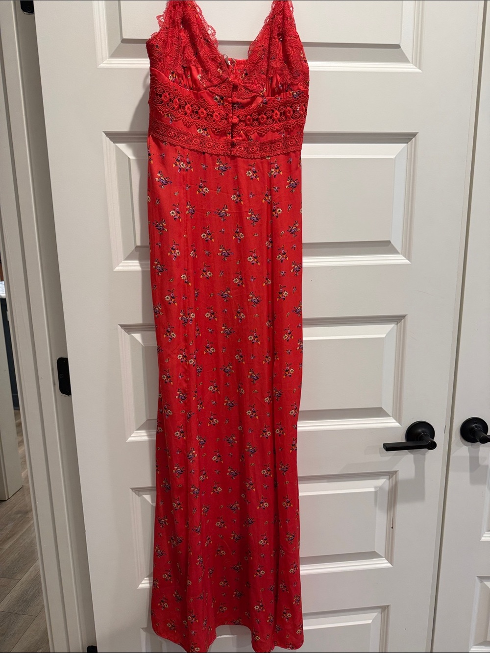 Red Floral Lace-Trim Maxi Dress